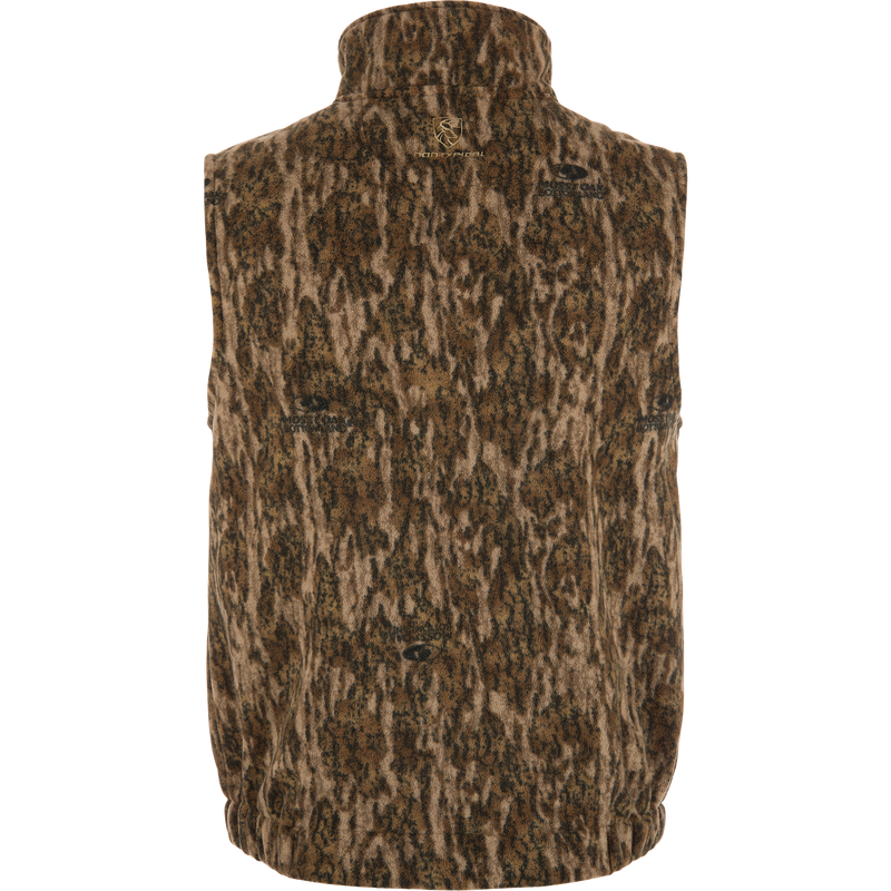Non-Typical Windproof Layering Vest, showcasing a camouflage pattern, stand collar, elastic hem, and logo, designed for warmth and functionality with multiple zippered pockets.