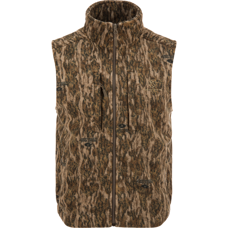 Non-Typical Windproof Layering Vest with camouflage pattern, high collar, zip-front, chest pockets, and elastic waist, ideal for outdoor activities in harsh conditions.