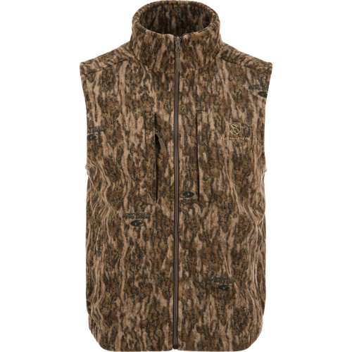 Non-Typical Windproof Layering Vest with camouflage pattern, high collar, zip-front, chest pockets, and elastic waist, ideal for outdoor activities in harsh conditions.