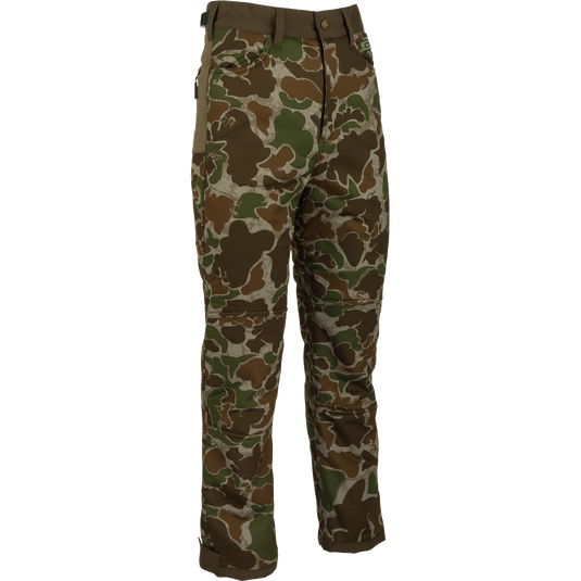 A pair of Standstill Windproof Pants with Agion Active XL® - perfect for late-season hunts. Soft, quiet, and durable fabric. Features scent control technology, adjustable waist, cuffs, and multiple pockets. High-quality hunting gear from Drake Waterfowl.