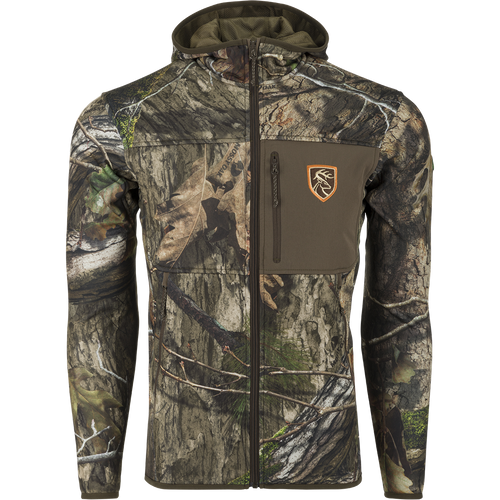 A lightweight performance hoodie with camo pattern and zippered chest pocket.