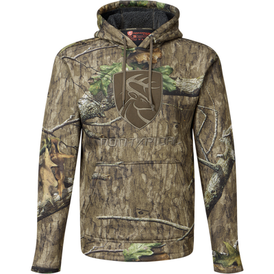 Non-Typical Silencer Hoodie with Agion Active X2 features a tree-bark and leaf camo, embroidered deer logo, kangaroo pocket, and adjustable drawstring hood.