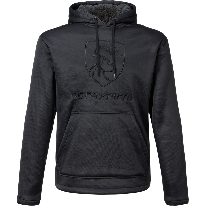 Non-Typical Silencer Hoodie with Agion Active X2 featuring a drawstring hood, kangaroo pocket, and embroidered crest on a mannequin, highlighting its performance-grade, noise-reducing design.