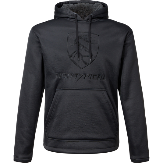 Non-Typical Silencer Hoodie with Agion Active X2 featuring a drawstring hood, kangaroo pocket, and embroidered crest on a mannequin, highlighting its performance-grade, noise-reducing design.