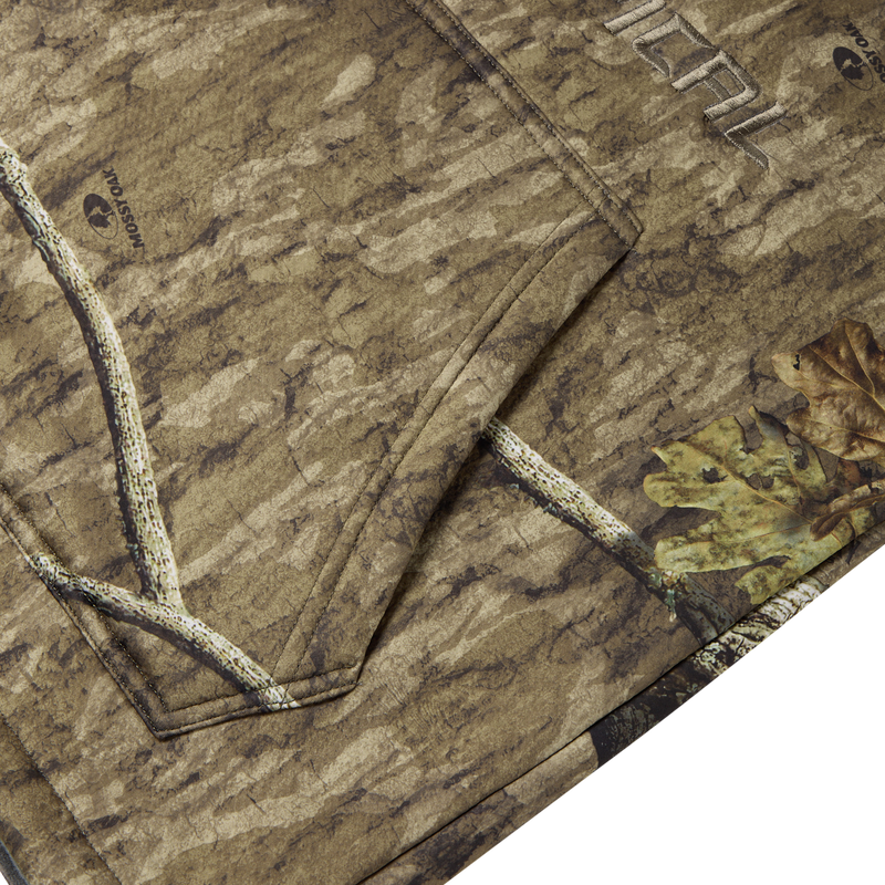 Non-Typical Silencer Hoodie with Agion Active X2, featuring Mossy Oak camo pattern, visible kangaroo pocket stitching, designed for warmth, breathability, and odor protection.