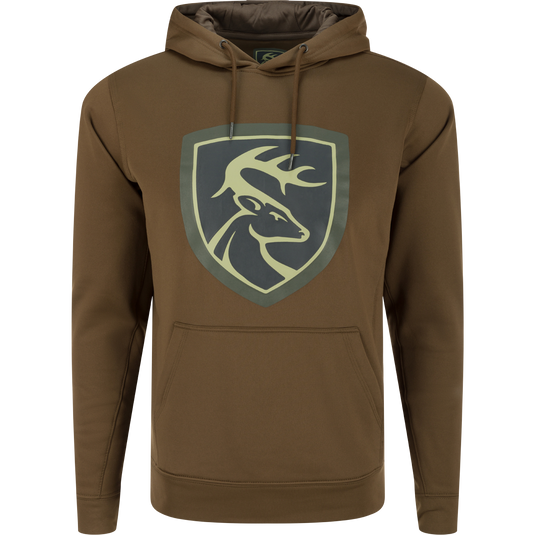 A brown Performance Hoodie with a deer logo, double-lined hood, and kangaroo pouch. Soft, combed fleece interior for comfort and moisture management. Improved stretch and fit for increased range-of-motion.