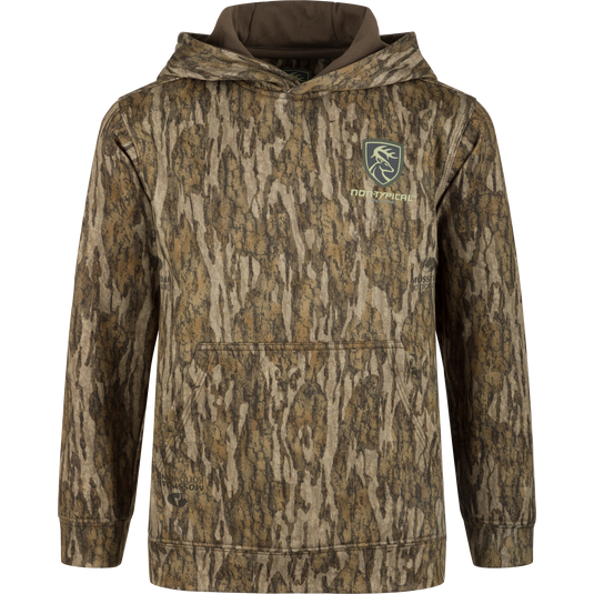 A youth performance hoodie with a camouflage pattern and logo. Soft, combed fleece interior for comfort and heat retention. Double-lined hood and kangaroo pouch for wind protection and extra warmth. Improved stretch and fit for increased range of motion. Made with 92% Polyester/8% Spandex. From Drake Waterfowl, a store specializing in high-quality hunting gear and clothing.