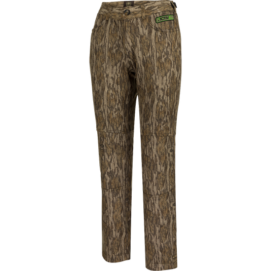 Women's Endurance Jean Cut Pant with Agion Active XL, a pair of camouflage pants for unpredictable mid-season weather. Comfortable, sleek, and silent shell fabric with stretch. Features front and rear pockets, adjustable waist, and odor control technology.