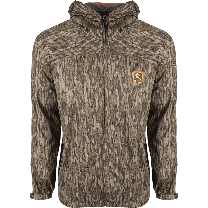 Ultralight waterproof jacket with logo and deer emblem, featuring 3-layer stretch fabric and Agion Active XL scent control technology.