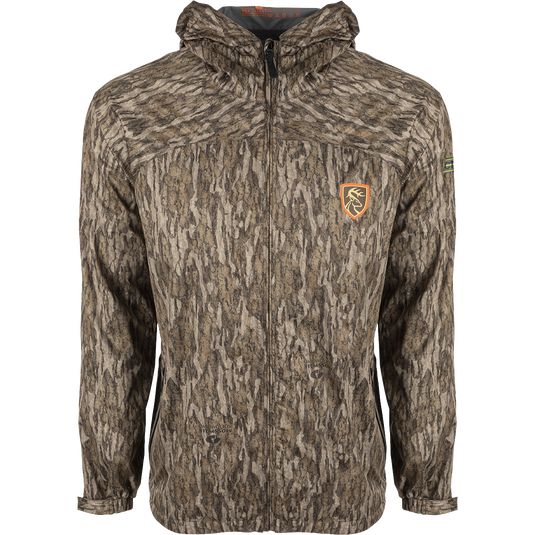Ultralight waterproof jacket with logo and deer emblem, featuring 3-layer stretch fabric and Agion Active XL scent control technology.