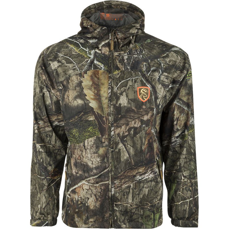 Ultralight waterproof jacket with camouflage pattern and scent control technology.