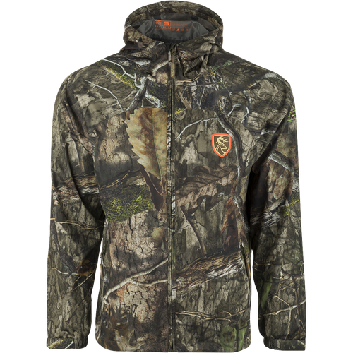Ultralight waterproof jacket with camouflage pattern and scent control technology.