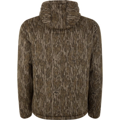 Back view of the Non-Typical Silencer Hoodie with Agion Active X2, showcasing its Mossy Oak Bottomland camo pattern and hood, designed for stealthy, comfortable hunting.