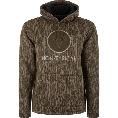 Non-Typical Silencer Hoodie with Agion Active X2, featuring a Bottomland camo pattern, Sherpa-lined hood, deer-antler logo, and kangaroo pocket showcasing Mossy Oak branding.