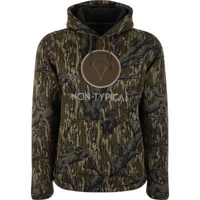 Camo-patterned Non-Typical Silencer Hoodie with Agion Active X2 features a kangaroo pocket, drawstring hood, and antler logo, ideal for cold-weather hunting.