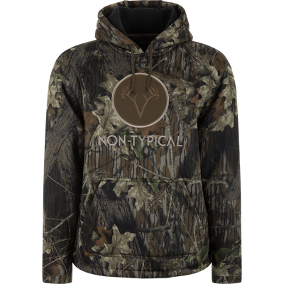 Non-Typical Silencer Hoodie with Agion Active X2, featuring a camo print, kangaroo pocket, deer antlers patch, and sherpa-lined hood for warmth and stealth.