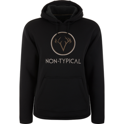 Black Non-Typical Silencer Hoodie with Agion Active X2, featuring fleece-lined hood, kangaroo pocket, and embroidered logo, designed for warmth and stealth in hunting.