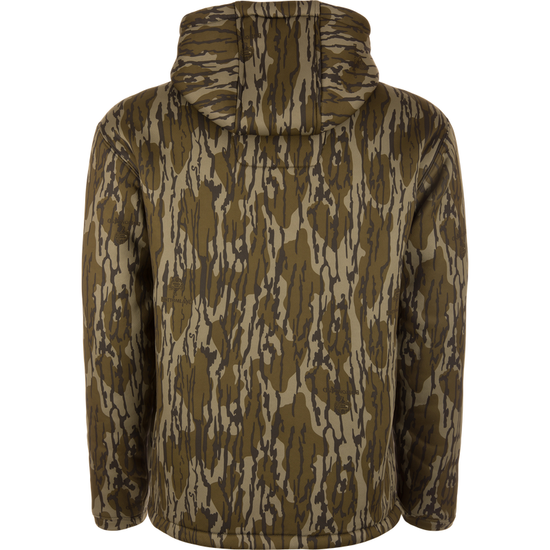 Back view of the Non-Typical Silencer Full Zip Hoodie in camouflage, featuring a hood and zippered pockets, designed for warmth and quietness during hunting.