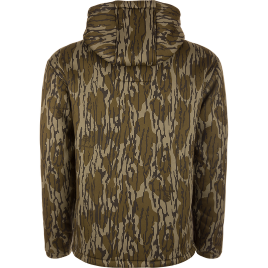 Back view of the Non-Typical Silencer Full Zip Hoodie in camouflage, featuring a hood and zippered pockets, designed for warmth and quietness during hunting.