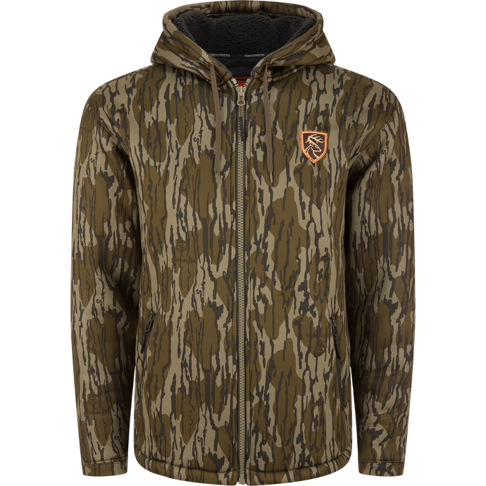 Non-Typical Silencer Full Zip Hoodie in woodland camouflage with a drawcord hood, zippered pockets, and deer-head patch, designed for warmth and quietness.