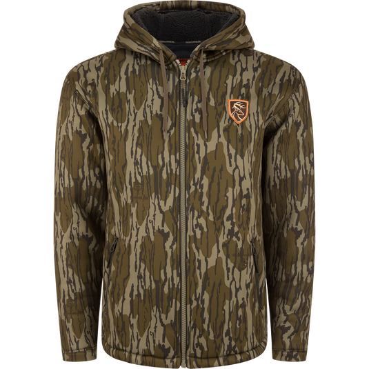 Non-Typical Silencer Full Zip Hoodie in woodland camouflage with a drawcord hood, zippered pockets, and deer-head patch, designed for warmth and quietness.