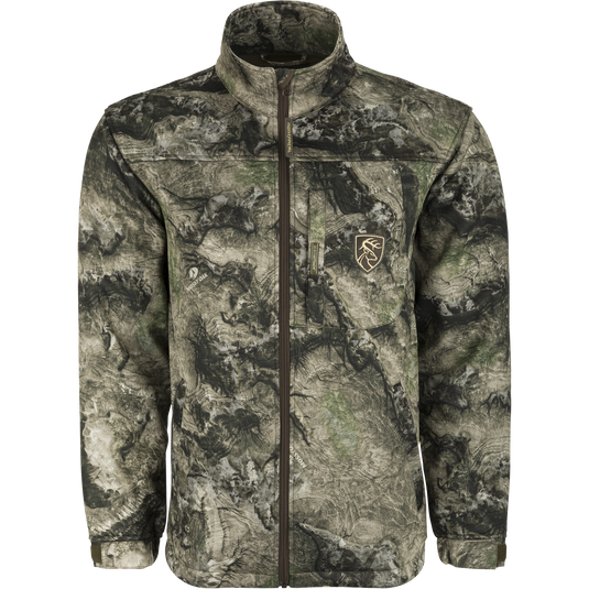 Endurance Full Zip Jacket with logo and deer head patch, featuring a deep quarter-zip neck and magnetic chest pocket. Lightweight and silent, perfect for cool fall days.