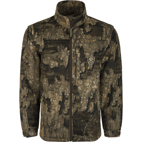 A lightweight, soft-shell camouflage jacket with a quarter-zip neck and magnetic chest pocket. Ideal for cool fall days.