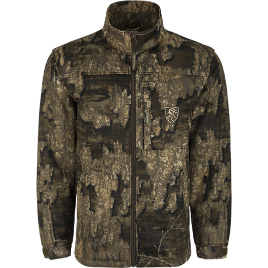 Women's Endurance Full Zip Jacket - A camouflage jacket with a deer patch, deep quarter-zip neck, and vertical magnetic chest pocket. Lightweight, stretch fabric with Agion Active XL® odor control for hunting advantage.