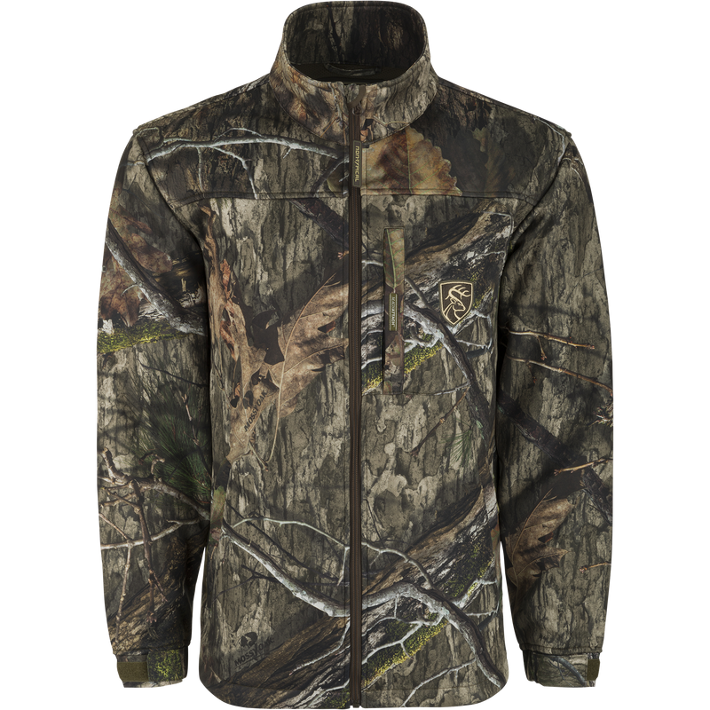 A women's lightweight camouflage jacket with a quarter-zip neck and magnetic chest pocket. Made of high gauge interlock stretch fabric.