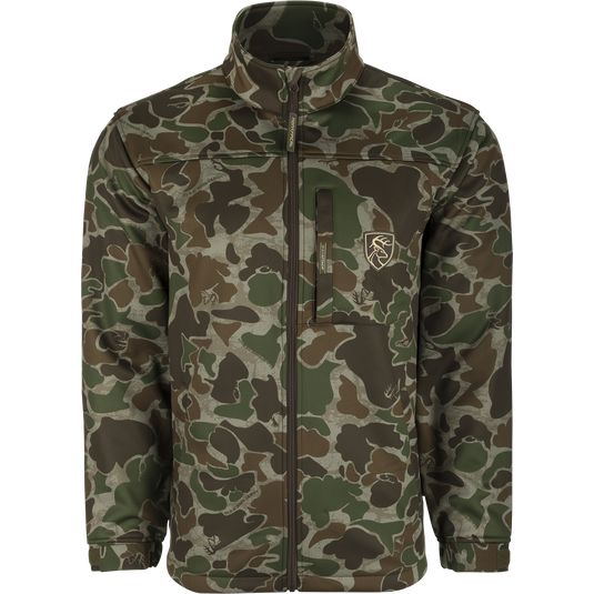 A women's camouflage jacket with a quarter-zip neck, magnetic chest pocket, and odor control technology.