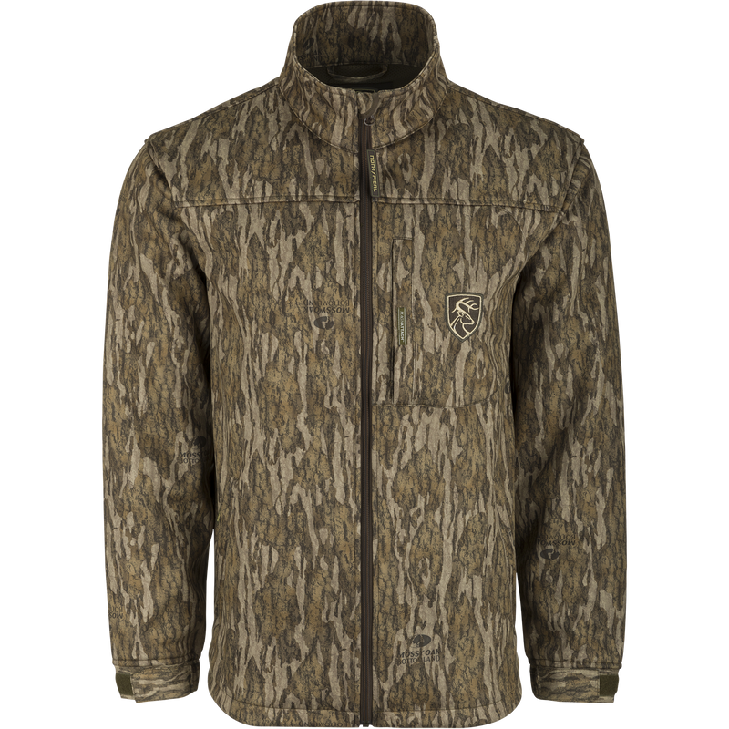 Youth Endurance Full Zip Jacket with soft-shell fabric, quarter-zip neck, and magnetic chest pocket for hunting.