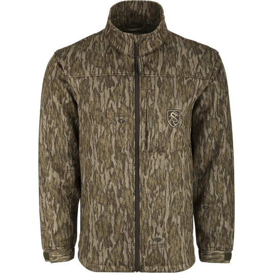 Youth Endurance Full Zip Jacket with soft-shell fabric, quarter-zip neck, and magnetic chest pocket for hunting.