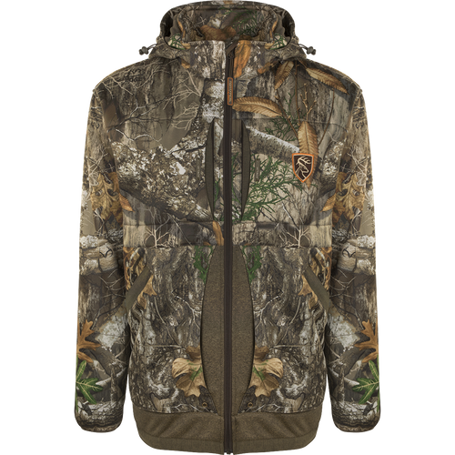 A camouflage jacket with scent control technology and multiple pockets for storage.