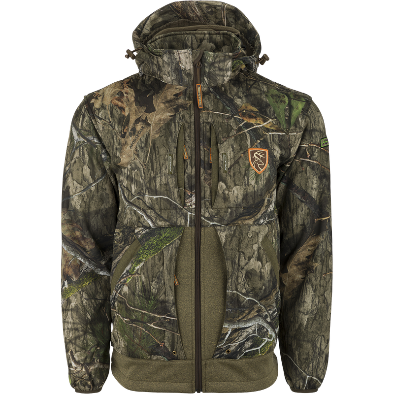 A camouflage jacket with hood and logo, ideal for hunters. Features scent control technology, multiple pockets, and removable fleece-lined hood.