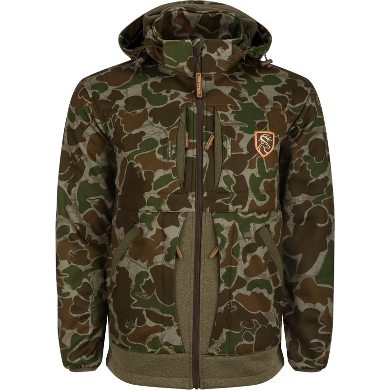 A camouflage jacket with logo and various pockets, perfect for hunters.