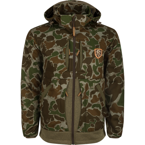A camouflage jacket with logo and various pockets, perfect for hunters.