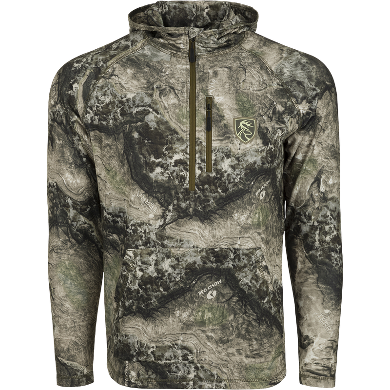 Bowhunters Grid Fleece Breathelite Sweatshirt: Camouflage jacket with logo of a deer. Ideal weight and breathable for all-season wear. Deep quarter-zip neck, full hood, and storage pockets. Agion Active XL™ scent control for added advantage.