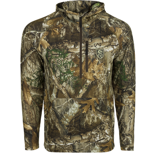 Bowhunters Grid Fleece Breathelite Sweatshirt: Camouflage jacket with logo shield. Ideal weight for all-season wear. Breathable, moisture-wicking fabric. Deep quarter-zip neck, full hood, and storage pockets. Agion Active XL™ scent control for added advantage.