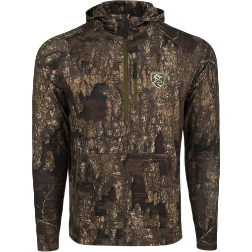 Bowhunters Grid Fleece Breathelite Sweatshirt: Camouflage jacket with a deer logo. Ideal weight for all-season wear, breathable, and moisture-wicking. Features a quarter-zip neck, hood, and storage pockets. Agion Active XL™ scent control for an advantage in the field.