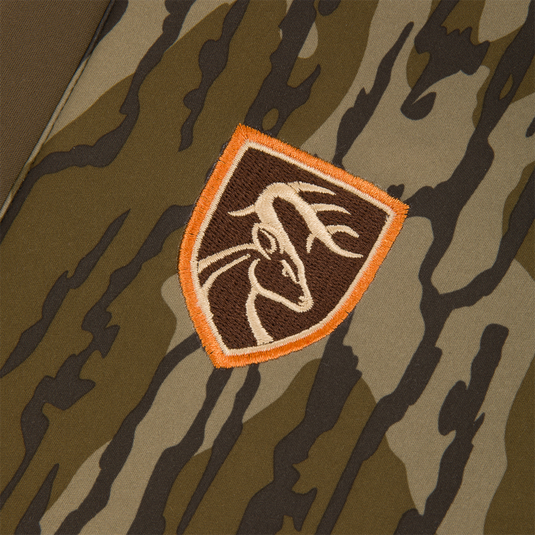 Non-Typical Endurance Hooded Full Zip Jacket with Scent Control featuring camouflage fabric, deer patch, adjustable hood, and zippered pockets, ideal for mid-season hunting comfort.