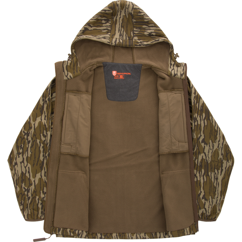 Non-Typical Endurance Hooded Full Zip Jacket with Scent Control, featuring camo pattern, open zipper, fleece lining, internal chest pockets, and adjustable hood, perfect for mid-season hunting.