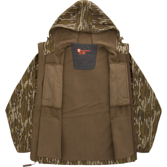 Non-Typical Endurance Hooded Full Zip Jacket with Scent Control, featuring camo pattern, open zipper, fleece lining, internal chest pockets, and adjustable hood, perfect for mid-season hunting.