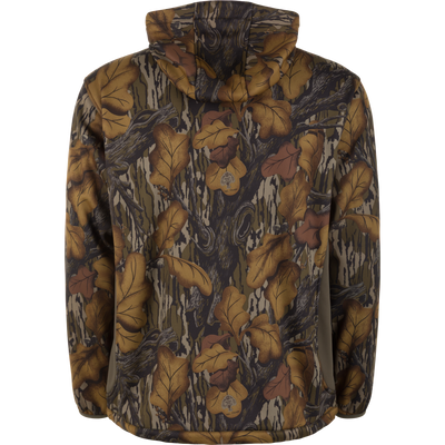 Back view of a Non-Typical Endurance Hooded Full Zip Jacket with Scent Control in a camouflage pattern of brown leaves and tree bark.