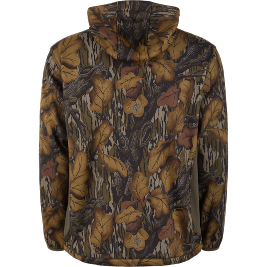 Back view of a Non-Typical Endurance Hooded Full Zip Jacket with Scent Control in a camouflage pattern of brown leaves and tree bark.