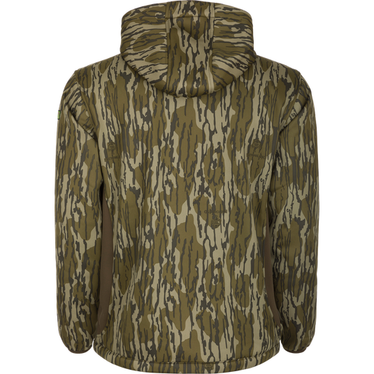 Back view of the Youth Endurance Full Zip Jacket with Hood in woodland camouflage, featuring elasticized cuffs, rounded hem, and adjustable hood, designed for outdoor activities.
