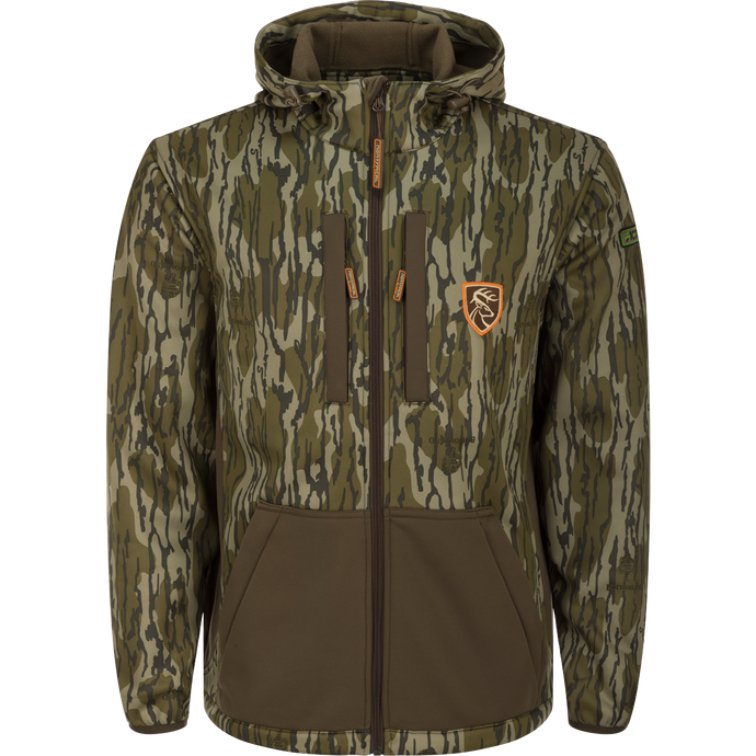 Youth Endurance Full Zip Jacket with Hood featuring camouflage, vertical chest pockets, adjustable hood, and scent control, ideal for outdoor activities.