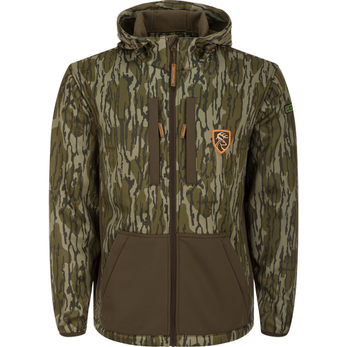 Youth Endurance Full Zip Jacket with Hood featuring camouflage, vertical chest pockets, adjustable hood, and scent control, ideal for outdoor activities.