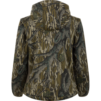 Back view of a Nontypical Youth Endurance Full Zip Jacket with Hood in a woodland camouflage print of tree bark and branches.