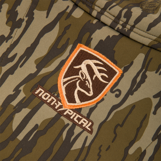 Youth Endurance Full Zip Jacket with Hood featuring a camouflage pattern, shield patch with deer head, and NASTY PIXEL text; designed for flexibility and scent control.