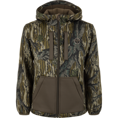 Nontypical Youth Endurance Full Zip Jacket with Hood in Mossy Oak Original Treestand camo with a solid dark brown pocket and scent control technology.